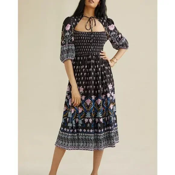 Anthropologie Dasha Smocked Midi Dress Black Floral Motif Boho Sz XS - Picture 4 of 9